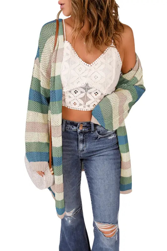 Multicolor striped color block hollowed knit cardigan - sweaters & cardigans