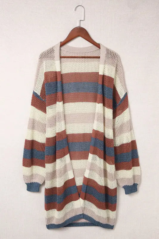 Multicolor striped color block hollowed knit cardigan - sweaters & cardigans