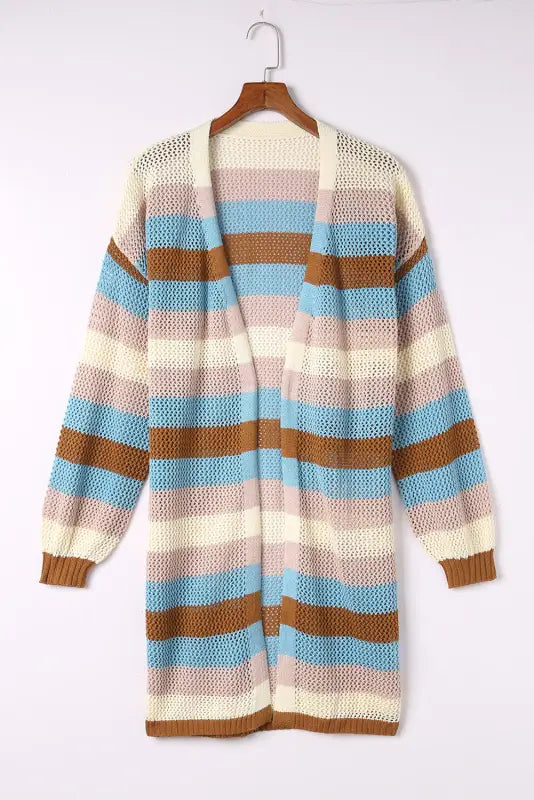 Multicolor striped color block hollowed knit cardigan - sweaters & cardigans