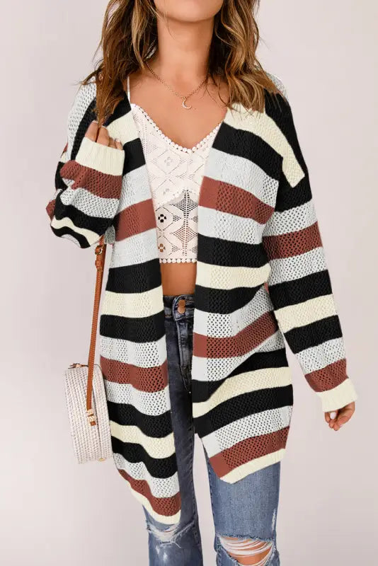 Multicolor striped color block hollowed knit cardigan - sweaters & cardigans