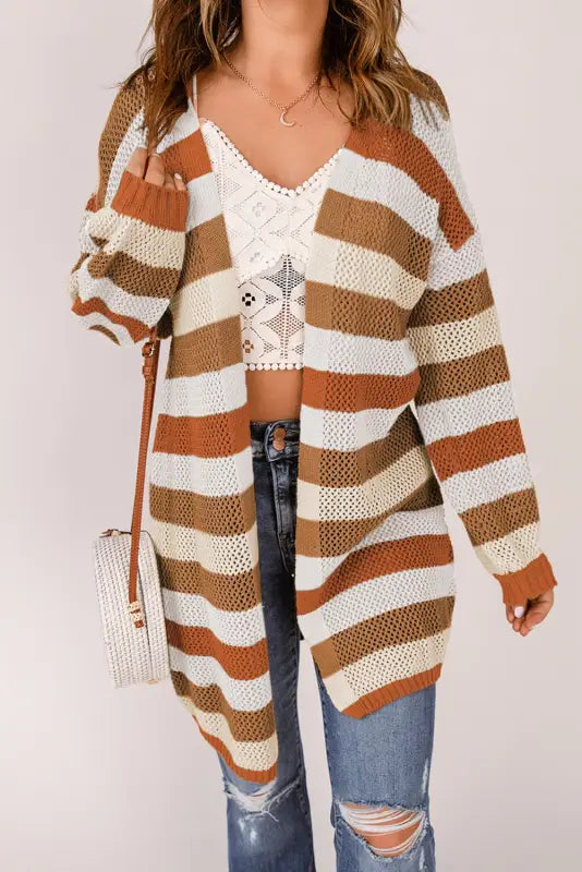 Multicolor striped color block hollowed knit cardigan - sweaters & cardigans