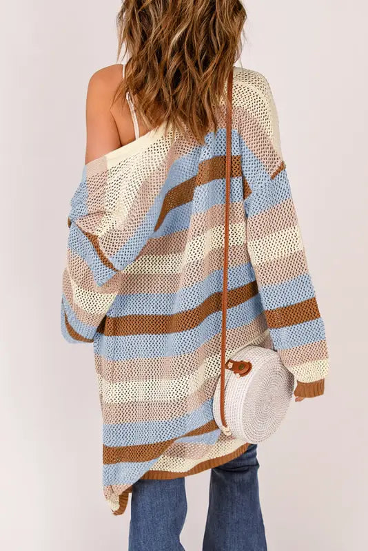 Multicolor striped color block hollowed knit cardigan - sweaters & cardigans