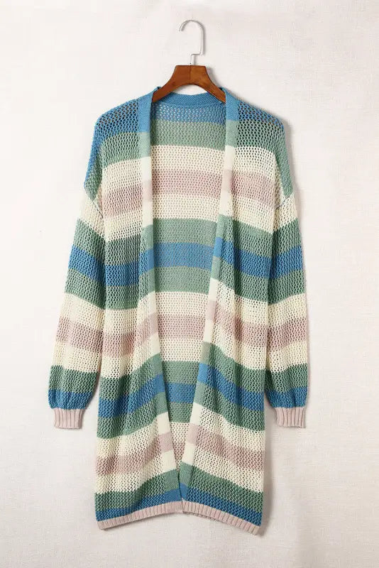 Multicolor striped color block hollowed knit cardigan - sweaters & cardigans