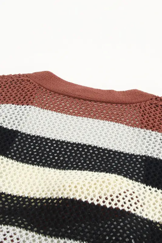 Multicolor striped color block hollowed knit cardigan - sweaters & cardigans