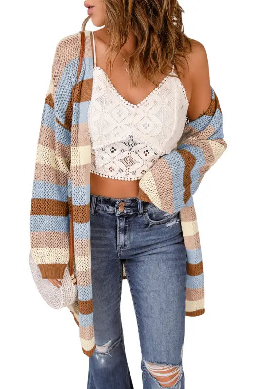 Multicolor striped color block hollowed knit cardigan - sweaters & cardigans