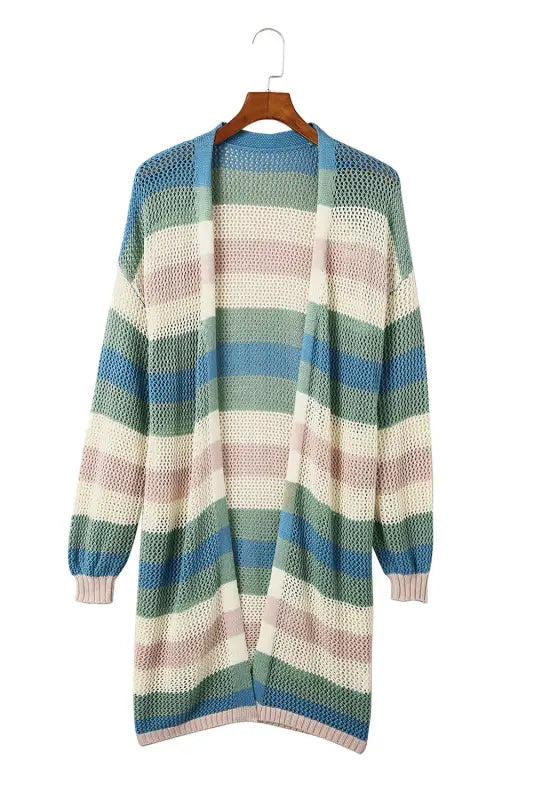 Multicolor striped color block hollowed knit cardigan - sweaters & cardigans