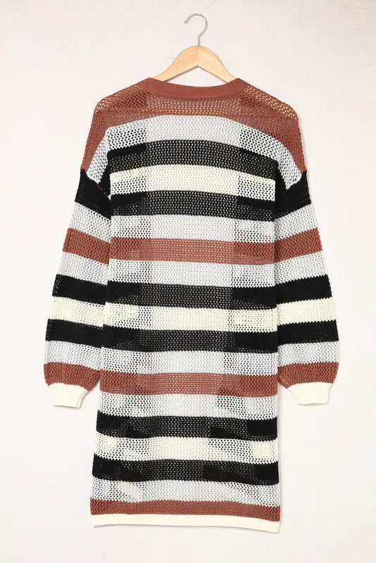 Multicolor striped color block hollowed knit cardigan - sweaters & cardigans