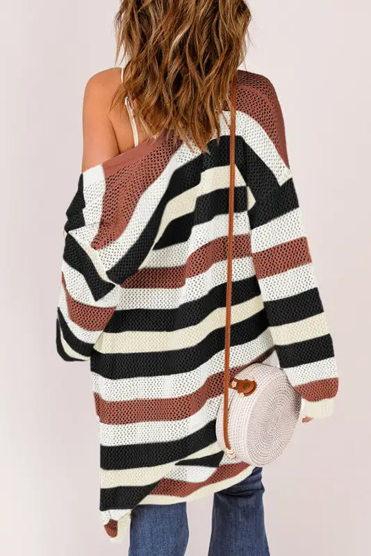 Multicolor striped color block hollowed knit cardigan - sweaters & cardigans