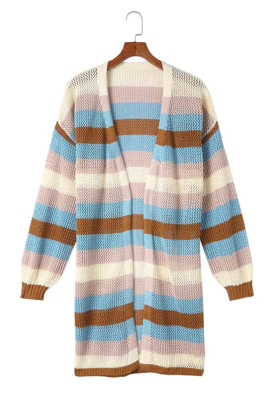 Multicolor striped color block hollowed knit cardigan - sweaters & cardigans