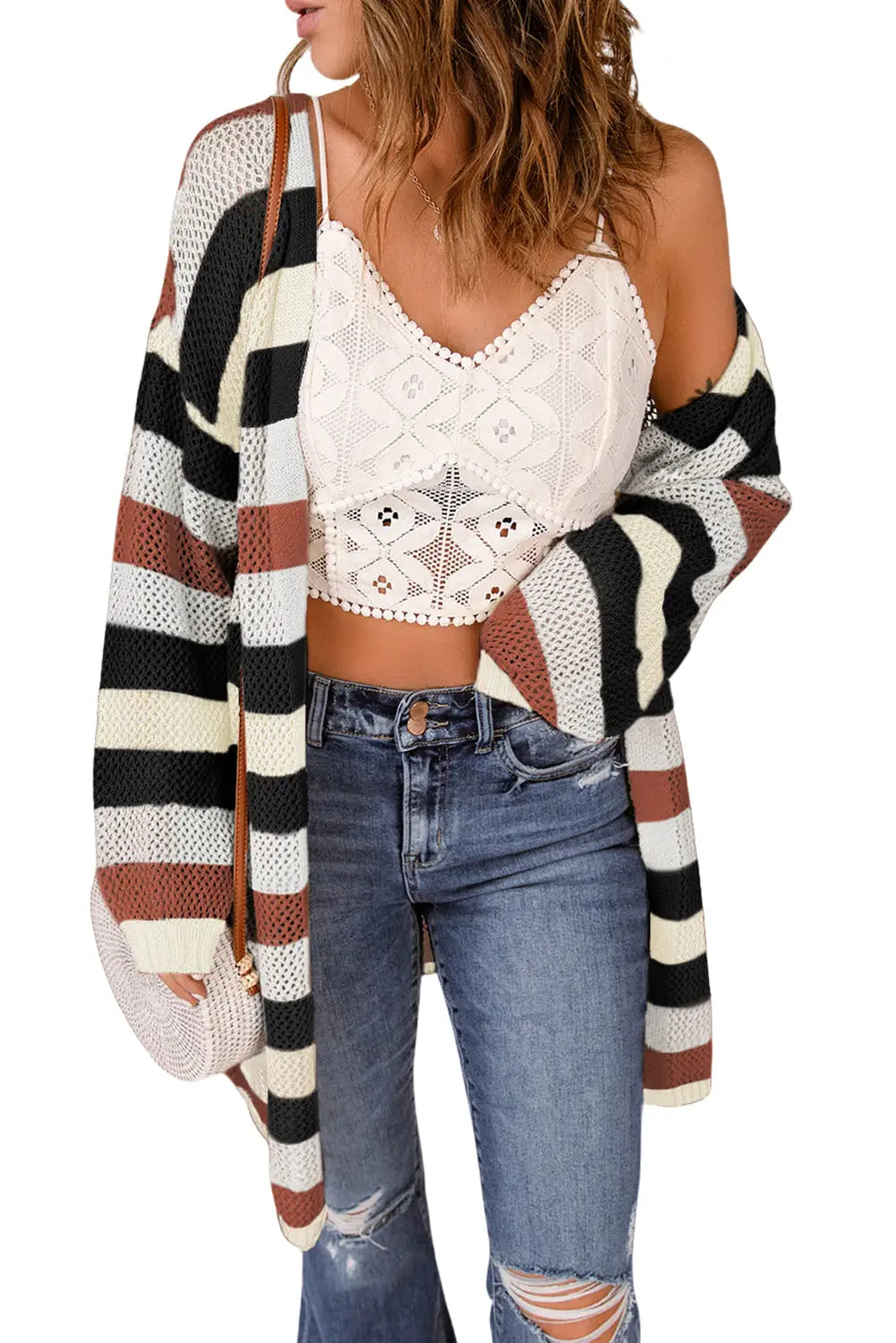 Multicolor striped color block hollowed knit cardigan - sweaters & cardigans