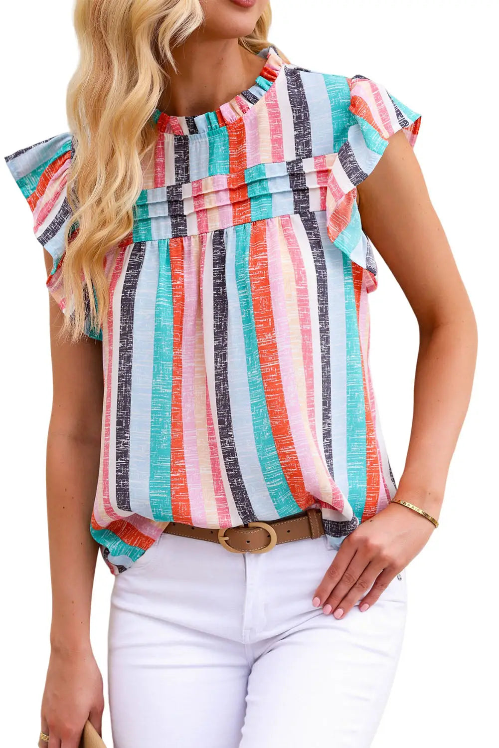 Multicolor striped color block ruffled o-neck sleeveless top - tank tops