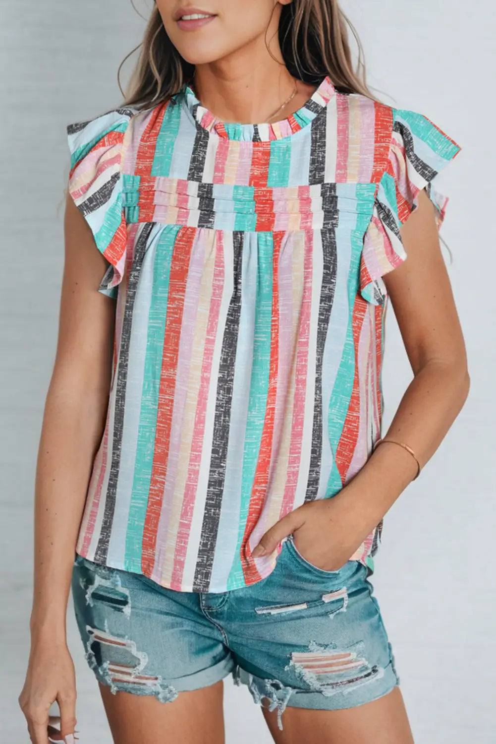 Multicolor striped color block ruffled o-neck sleeveless top - tank tops