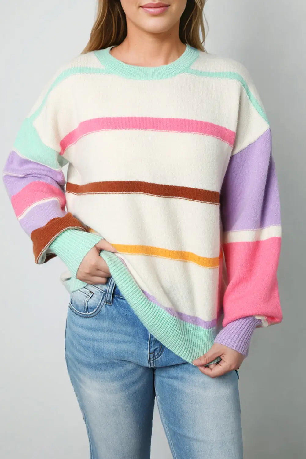Multicolor striped colorblock drop shoulder sweater - sweaters & cardigans