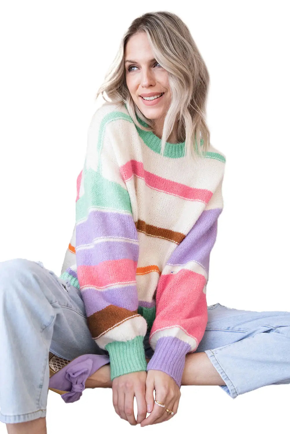 Multicolor striped colorblock drop shoulder sweater - sweaters & cardigans