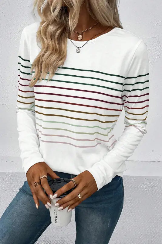 Multicolor striped crew neck long sleeve top - tops