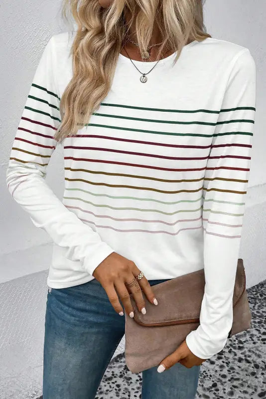 Multicolor striped crew neck long sleeve top - tops