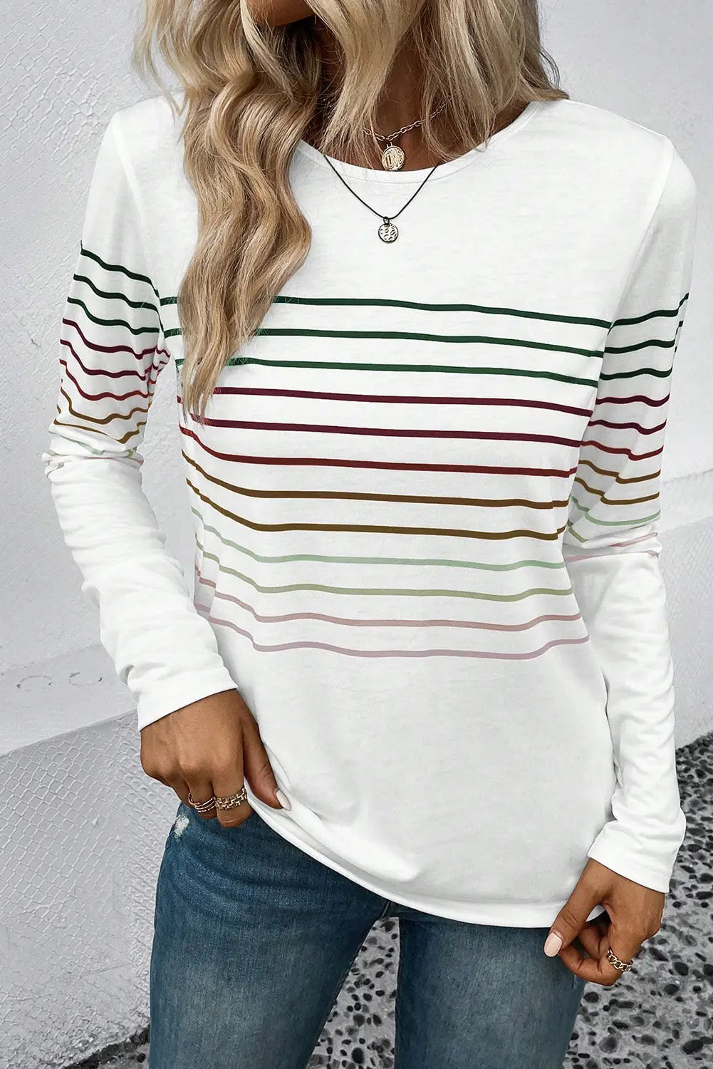 Multicolor striped crew neck long sleeve top - white / l 95% polyester + 5% elastane tops