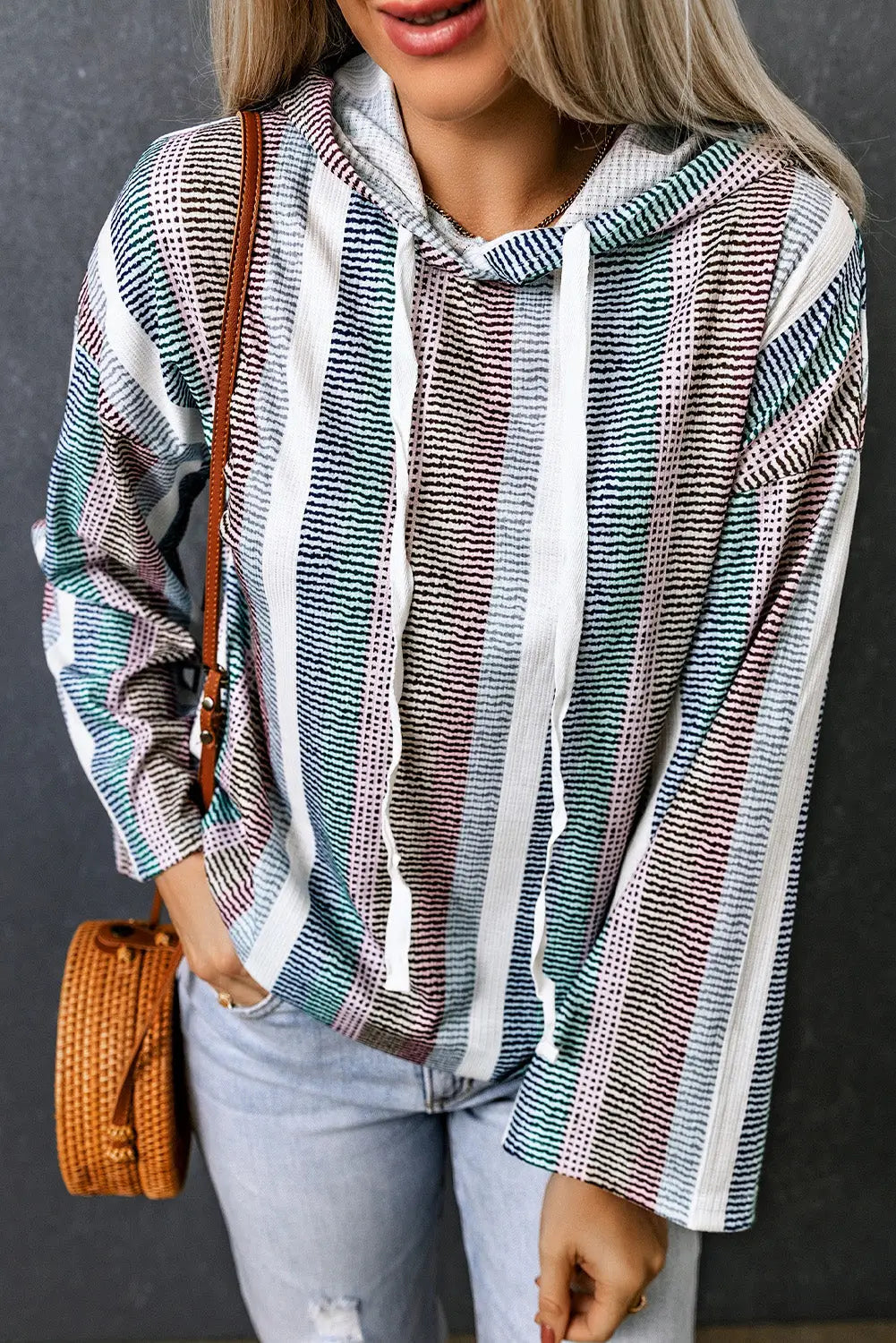 Multicolor striped drop shoulder textured knit hoodie - s / 95% polyester + 5% elastane - sweatshirts & hoodies