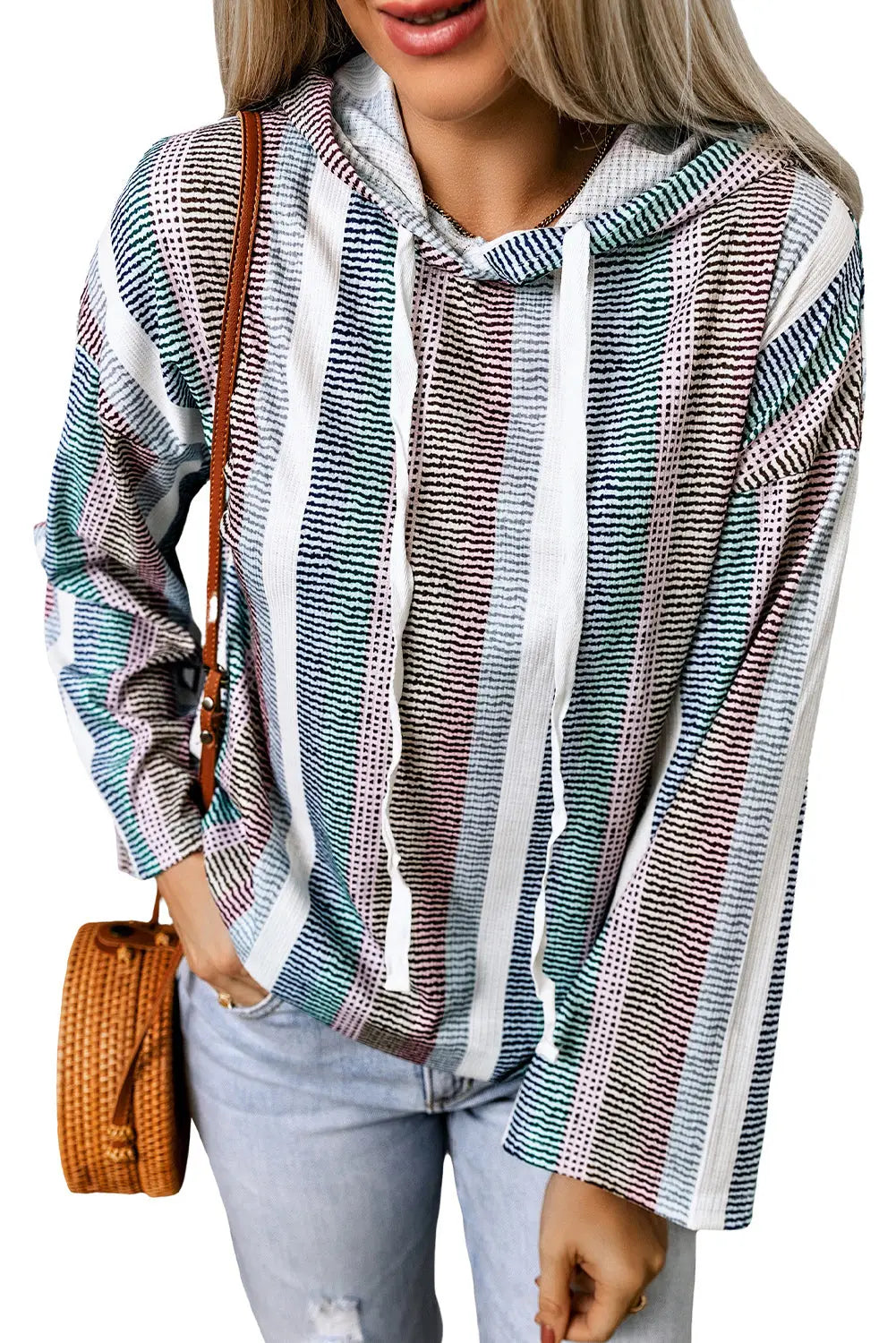 Multicolor striped drop shoulder textured knit hoodie - sweatshirts & hoodies