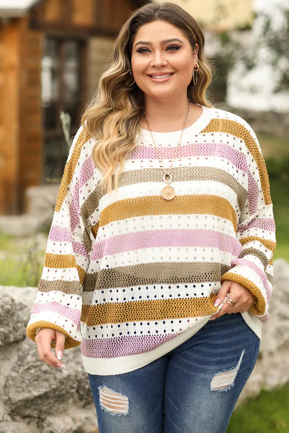 Multicolor striped hollowed knitted loose sweater - 1x / 100% acrylic - tops