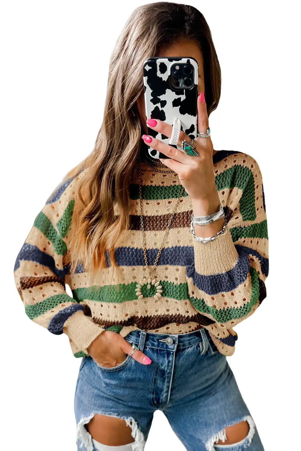 Multicolor striped hollowed knitted loose sweater - tops