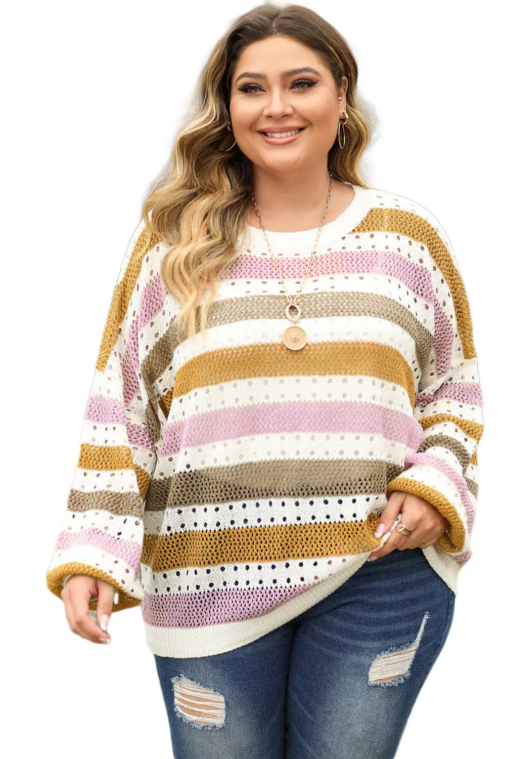 Multicolor striped hollowed knitted loose sweater - tops