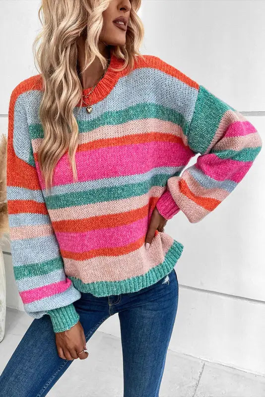 Multicolor striped knit drop shoulder puff sleeve sweater - tops