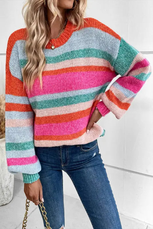 Multicolor striped knit drop shoulder puff sleeve sweater - tops