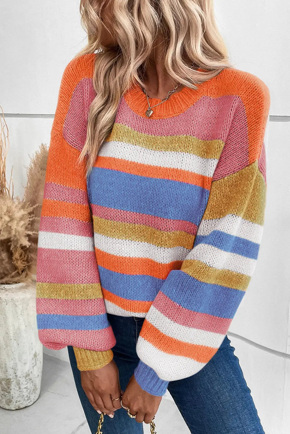 Multicolor striped knit drop shoulder puff sleeve sweater - multicolour / l / 60% acrylic + 40% polyamide - tops