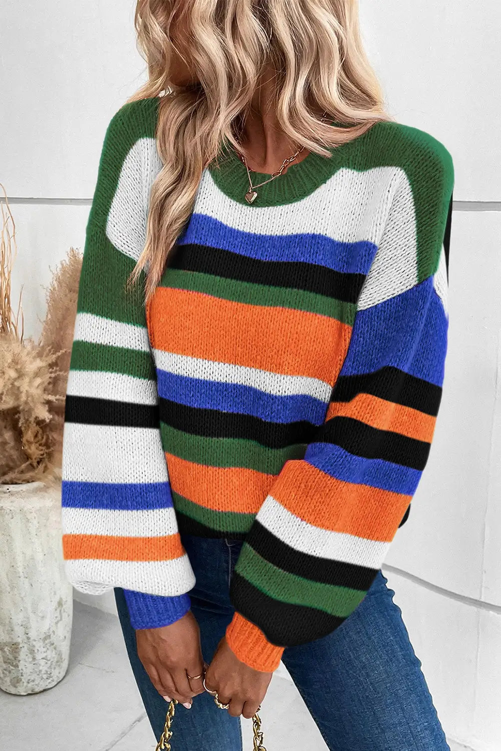Multicolor striped knit drop shoulder puff sleeve sweater - multicolour1 / l / 60% acrylic + 40% polyamide - tops