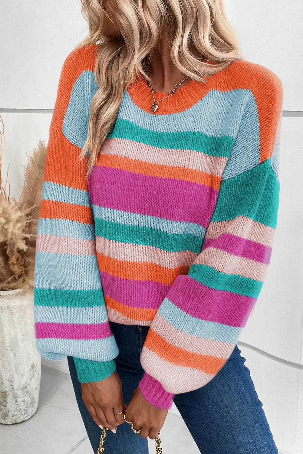 Multicolor striped knit drop shoulder puff sleeve sweater - s / 60% acrylic + 40% polyamide - tops