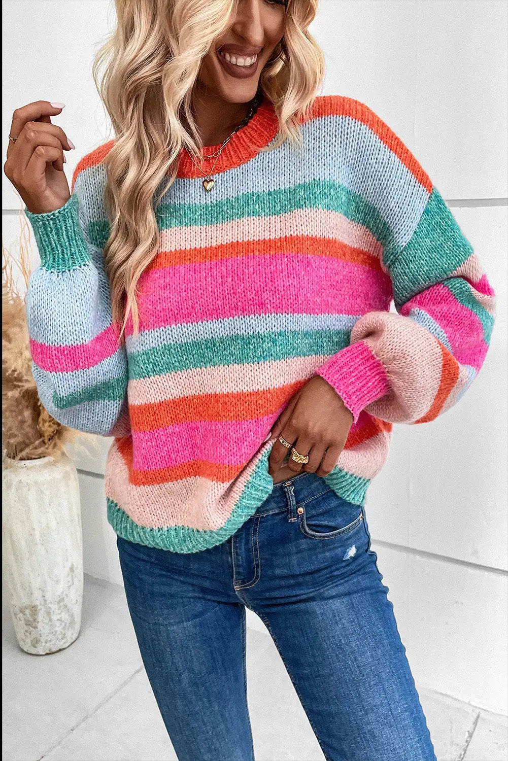Multicolor striped knit drop shoulder puff sleeve sweater - tops
