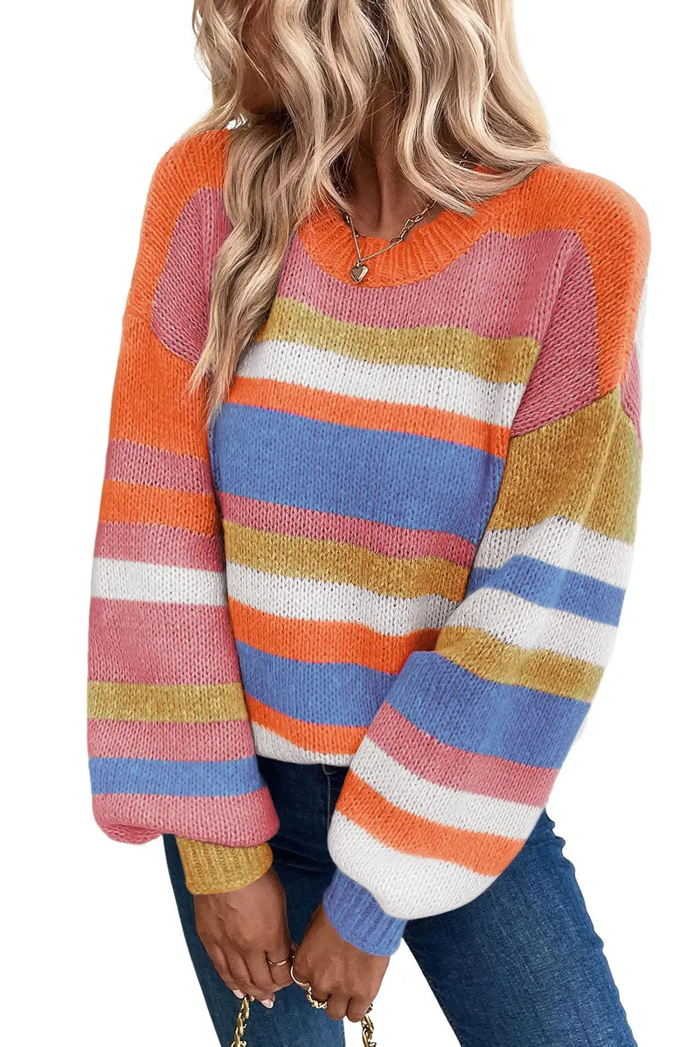 Multicolor striped knit drop shoulder puff sleeve sweater - tops