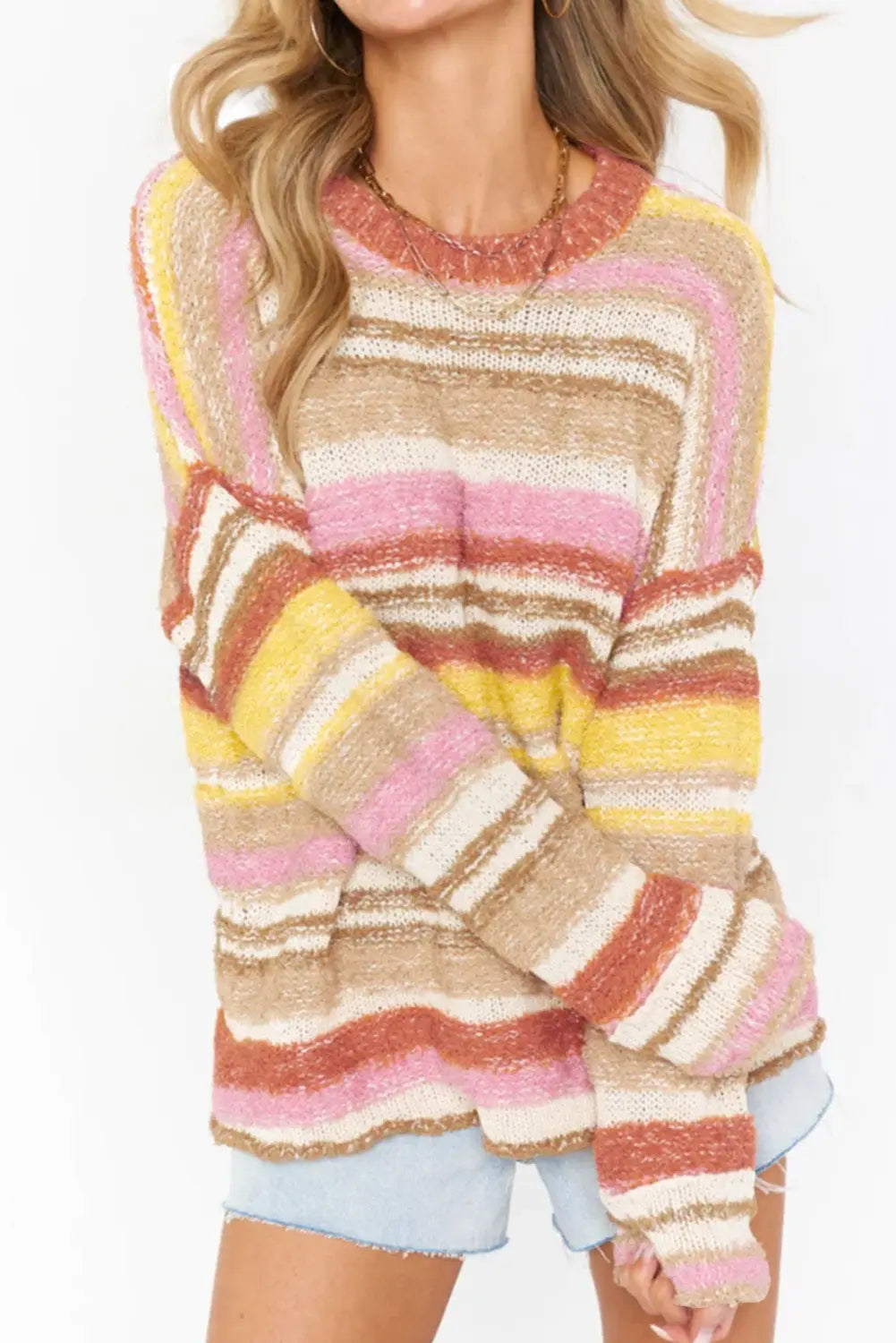 Multicolor striped knit drop shoulder sweater - s / 65% acrylic + 35% polyester - sweaters & cardigans