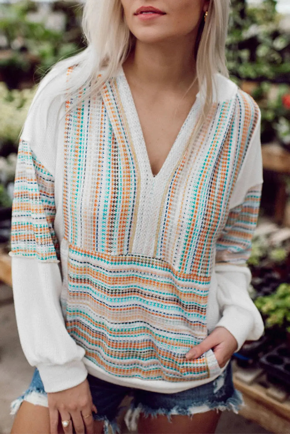 Multicolor striped patchwork v neck drop shoulder knit hoodie - s / 92% polyester + 8% elastane - sweatshirts & hoodies