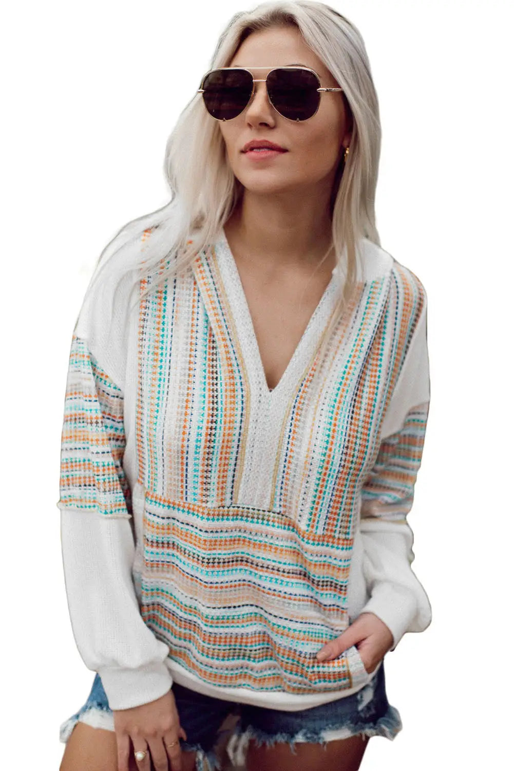 Multicolor striped patchwork v neck drop shoulder knit hoodie - sweatshirts & hoodies