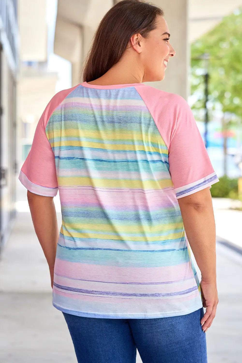 Multicolor striped plus size raglan sleeve top