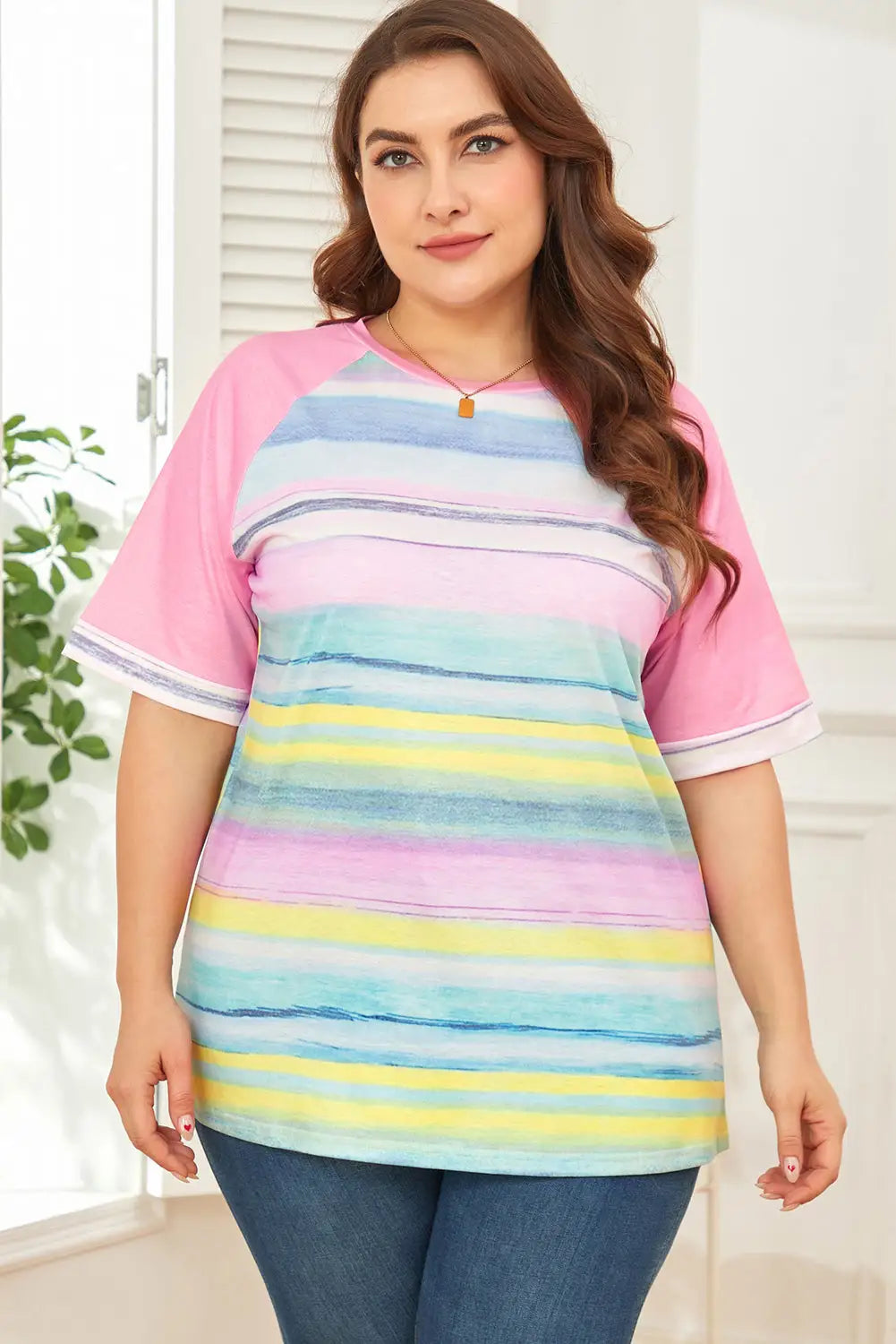 Multicolor striped plus size raglan sleeve top