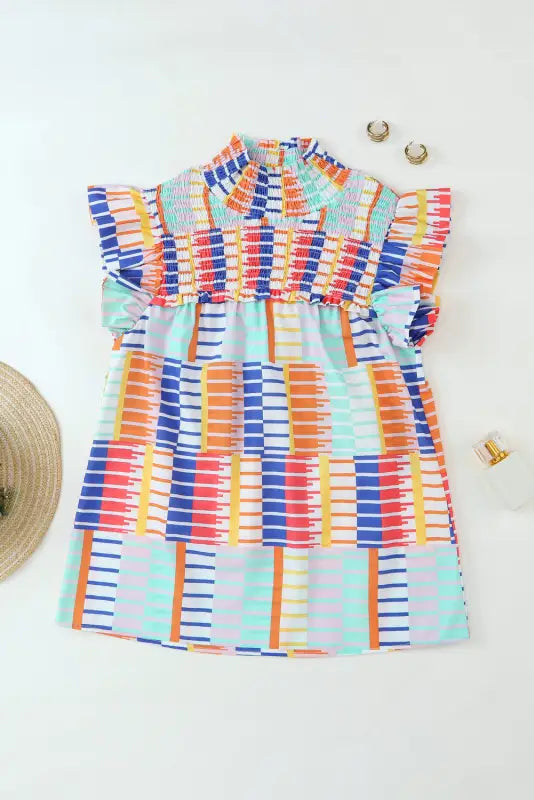 Multicolor striped print high neck flutter top - t-shirts