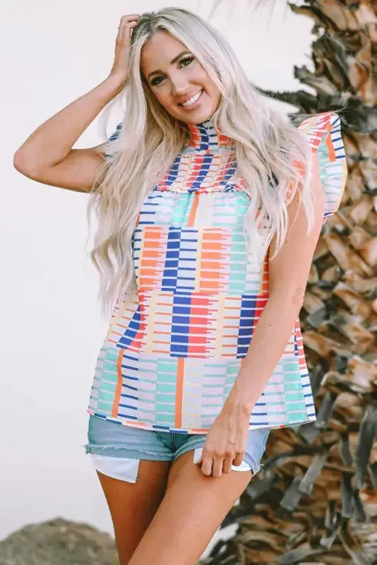 Multicolor Striped Print High Neck Flutter Top - Fashionfitz