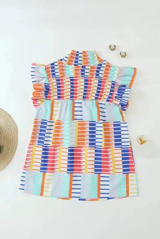 Multicolor Striped Print High Neck Flutter Top - Fashionfitz