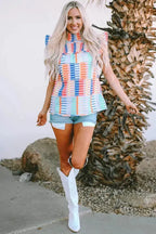 Multicolor Striped Print High Neck Flutter Top - Fashionfitz