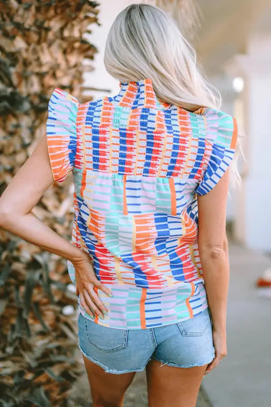 Multicolor striped print high neck flutter top - t-shirts