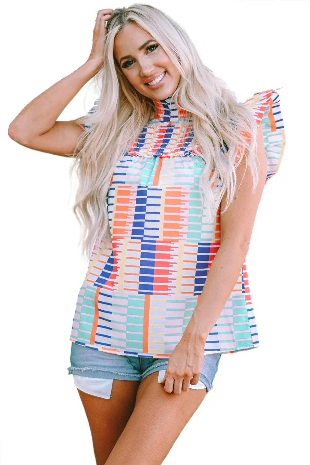 Multicolor striped print high neck flutter top - t-shirts