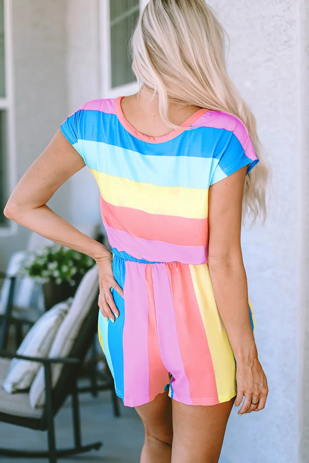 Multicolor striped print high waist short sleeve romper with pockets - jumpsuits & rompers