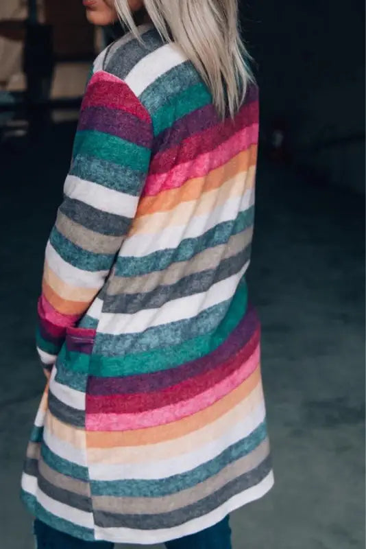 Multicolor striped print long sleeve open front cardigan - sweaters & cardigans