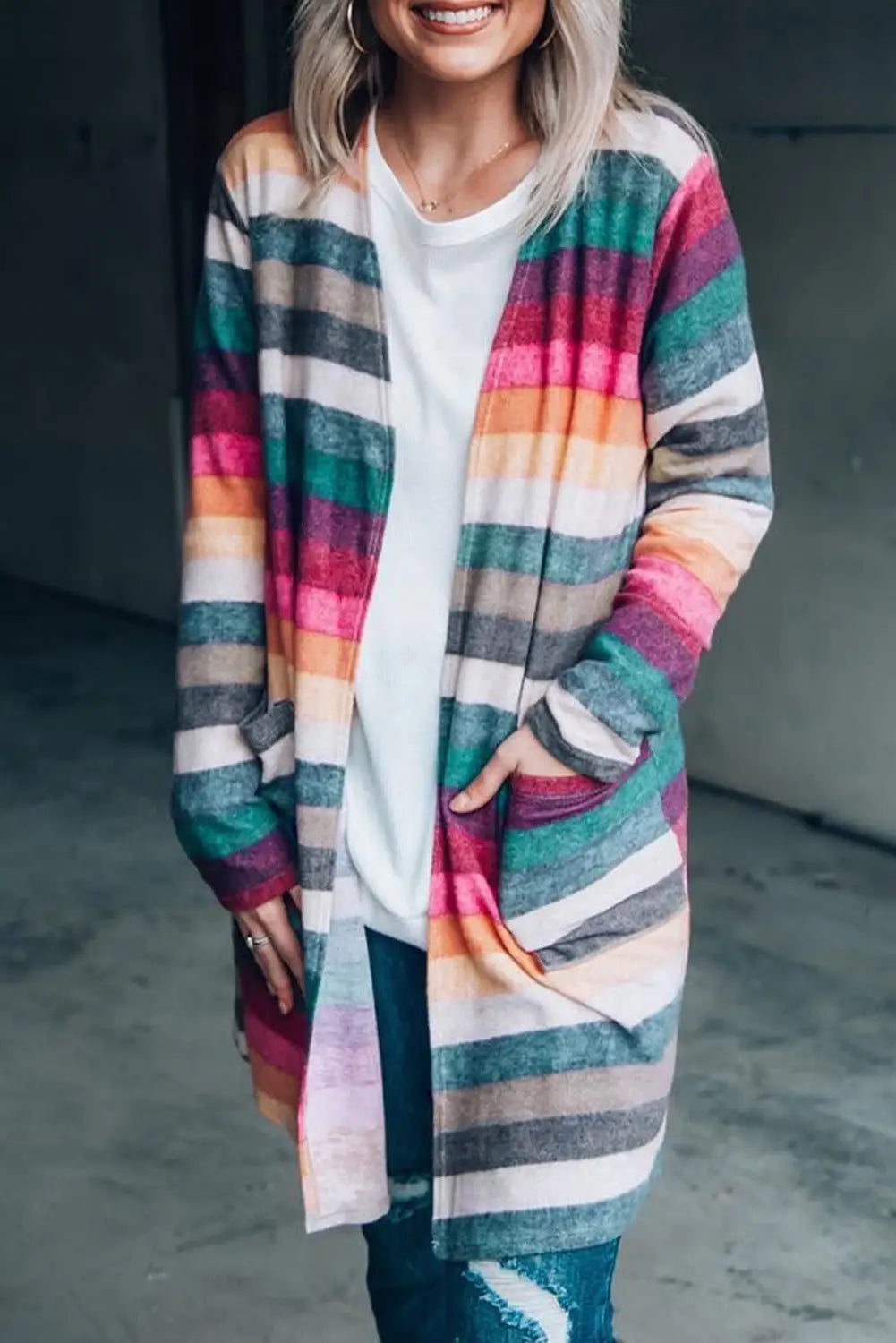 Multicolor striped print long sleeve open front cardigan - s / 95% polyester + 5% elastane - sweaters & cardigans