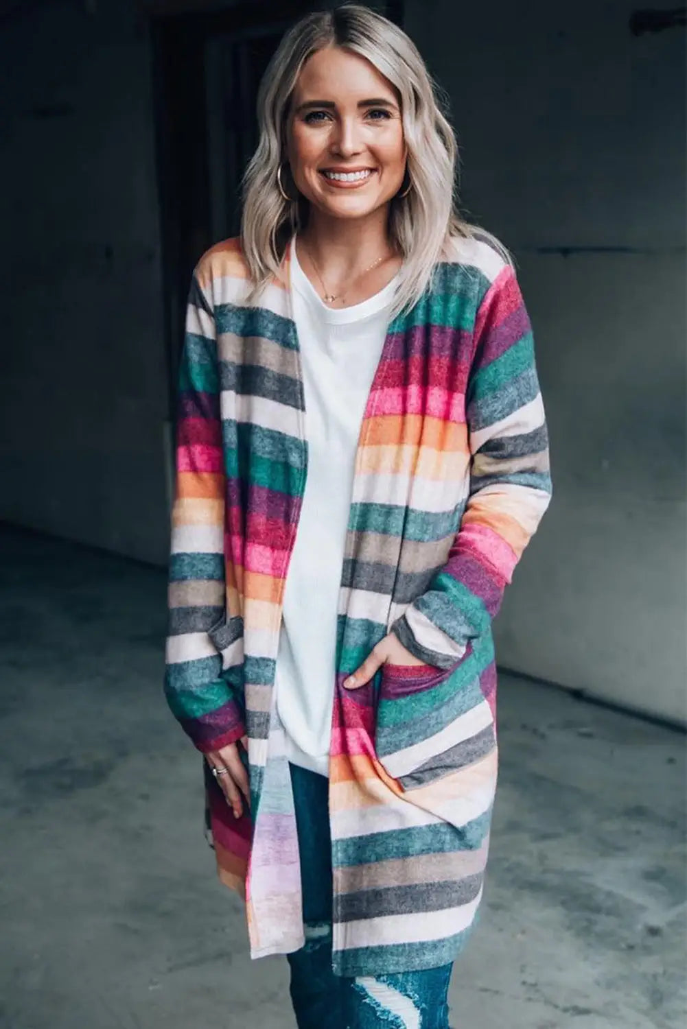 Multicolor striped print long sleeve open front cardigan - sweaters & cardigans