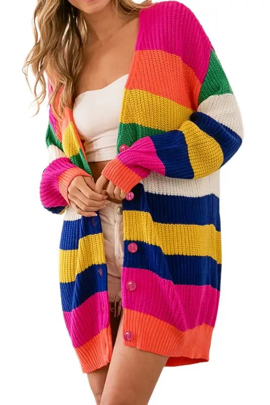 Multicolor striped print longline cardigan - sweaters & cardigans