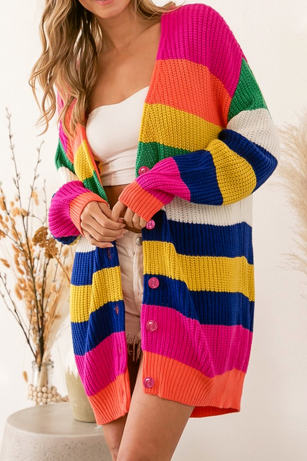 Multicolor striped print longline cardigan - s / 100% acrylic - sweaters & cardigans
